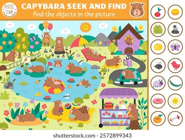 Capybara vector searching game with summer village landscape. Spot hidden objects. Simple capibara seek and find printable activity for kids with frog, tangerine, apple, butterfly 