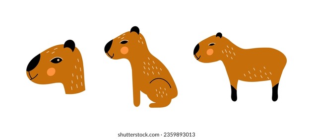 Capybara vector set. Cute minimal style wildlife animal collection. Capybara portrait, sitting and standing. Vector illustration.
