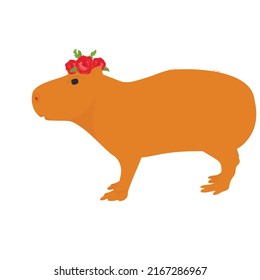 Capybara vector stock illustration. Cute rodent. A mammalian animal with a wreath of flowers on its head. Isolated on a white background.