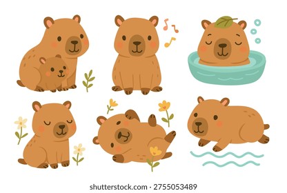 Capybara вектор летом и capibara милый цветок с шапкой валентинки животное. Наклейка kawaii плоский и птичий фруктовый мультфильм с пляжным набором клипарт. Пища капибара белая и характер капибара.