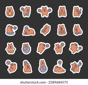 Capybara volleyball set featuring adorable athletes in various poses, playing with balls, wearing sports outfits, celebrating victories, and expressing different emotions