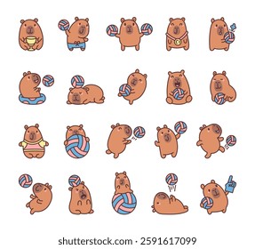 Capybara volleyball set featuring adorable athletes in various poses, playing with balls, wearing sports outfits, celebrating victories, and expressing different emotions