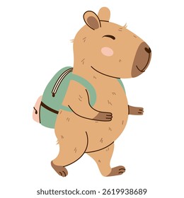 Capybara walking with a backpack, ready for school. Flat hand-drawn style illustration with transparent background. Perfect for educational projects and kids themes.