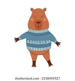 Capybara in a warm blue patterned sweater. Winter Christmas animal character. Cute capybara, vector illustration isolated on transparent background for printing, scrapbooking, social media, animation.