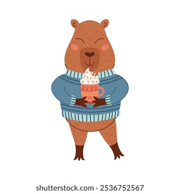 Capybara in a warm blue sweater holding a mug of delicious coffee. Winter Christmas animal character. Cute capybara, vector illustration isolated on transparent background for printing, scrapbooking.