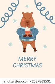 Capybara in a warm blue sweater holding a mug of delicious coffee. Winter Christmas animal character. Cute capybara, vector illustration isolated on transparent background for printing, scrapbooking.