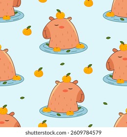 Capybara in water with oranges seamless pattern. Summer cute background for children. Flat vector illustration for textile, cloth, fabric, wrapping paper and print.