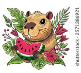 Capybara with watermelon, line, doodle, vector