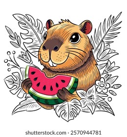 Capybara with watermelon, line, doodle, vector