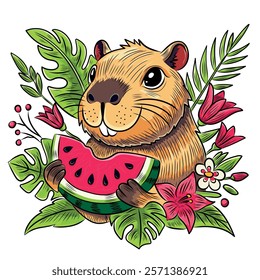 Capybara with watermelon, line, doodle, vector