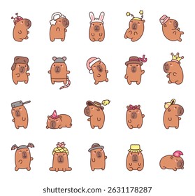 Capybara vestindo chapéus engraçados com coração, antenas, orelhas de coelho, decorações de estrelas, acessórios de flores, protetores de ouvido de inverno, coroa, frigideira, panamá, boné de beisebol, para celebrações