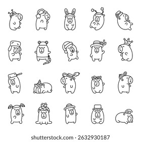Capybara wearing funny hats with heart, antennae, bunny ears, star decorations, flower accessories, winter earmuffs, crown, frying pan, panama, baseball cap, for celebrations