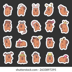 Capybara wearing funny hats with heart, antennae, bunny ears, star decorations, flower accessories, winter earmuffs, crown, frying pan, panama, baseball cap, for celebrations