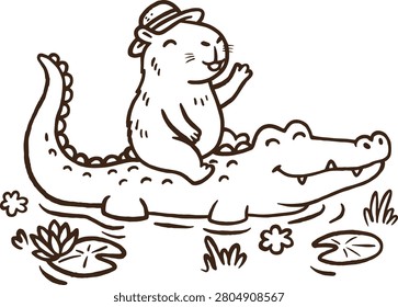 Capybara Wearing Hat Riding Crocodile in Lotus Pond Outline