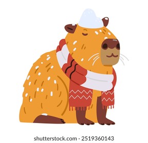 Capybara wearing scarf with eyes closed chilling under snow funny flat vector illustration isolated on white.