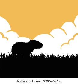 Capybara wild animal vector silhouette isolated on evening orange sky and grass background. Zoo wild life drawing. Simple flat art styled illustration on square template.