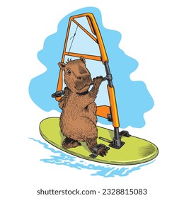 Capybara windsurfer sailing on the windsurf board. Comic style vector illustration.