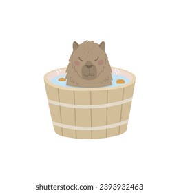 Capybara in a wooden bath with oranges