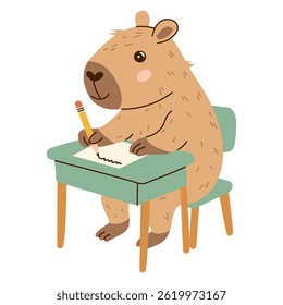 Capybara writing at a school desk with a pencil. Flat hand-drawn style illustration on transparent background. Ideal for educational designs, school posters, and learning apps.