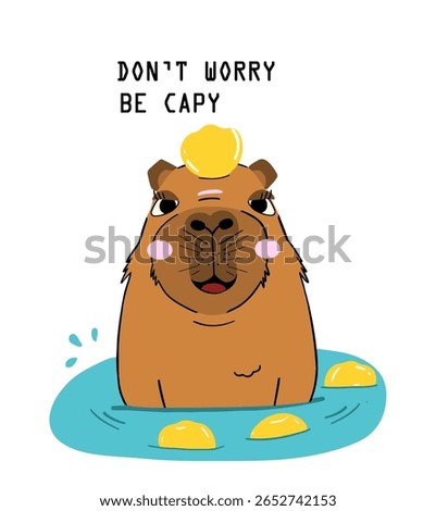 capybara yuzu orange cartoon vector featuring a cute animal relaxing in swamp water with floating citrus fruit in peaceful tropical setting