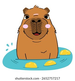 capybara yuzu laranja ilustração de banhos de roedores adoráveis com citrinos em atmosfera de pântano quente perfeito para a vida selvagem ou temas de design zen