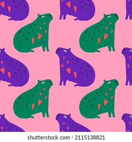 Capybaras Animals Cute Comic Characters Boho Doodle Modern Art Print Funny Naive Handdrawn Primitive Childish Cartoon Funky Trendy Style Vector Seamless Pattern Print