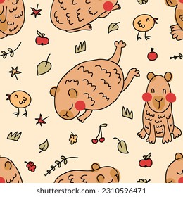 Capybaras and chickens seamless pattern in hand drawn style. Perfect print for tee, paper, textile and fabric. Doodle vector illustration for decor and design.
