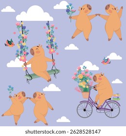 Capybaras, cute capybaras, pattern, background image, print, fabric print, case, print for clothes, t-shirt, girl, boy, kids, babies, seamless, seamless background, seamless pattern, summer background