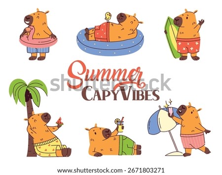 Capybaras enjoy summer activities like swimming and surfing in a playful cartoon style. Animals engage in fun beach pastimes with cheerful expressions and accessories. Cartoon vector illustration.