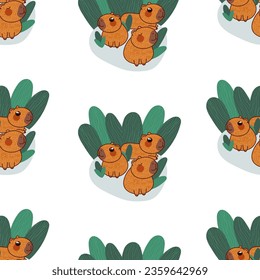 Capybaras family seamless pattern. Capibara characters sitting in green grass, relaxing. Funny calm rodents. Cute childish print. Flat cartoon vector illustration