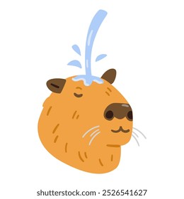 Capybara's head with eyes closed chilling under water jet funny flat vector illustration isolated on white.