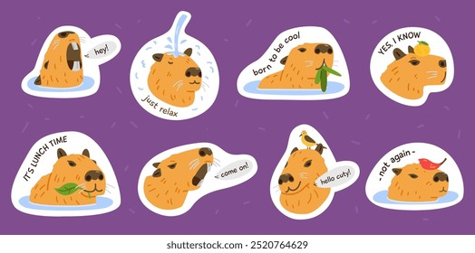 Capybaras heads with different emotions and phrases funny stickers vector set.