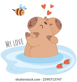 capybaras hugging, capybaras in love, hugs, love, tenderness, happiness, family, spouses, husband and wife, harmony, healthy relationships, family idyll, my love, pond, in the water, swim, rodent