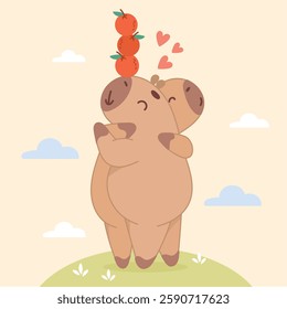 capybaras hugging, capybaras in love, oranges, bee, family, spouses, husband and wife, friends, tenderness, love, romance, clouds, cute capybara, emotions, happiness, spring, spring flowers, hearts