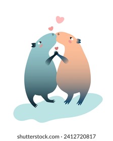 Capibaras enamoradas. Un beso de un par de roedores. Tarjeta de San Valentín, invitación, afiche. Personajes graciosos y lindos. Estilo plano de caricatura con gradiente