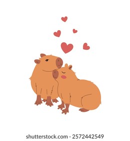 Capybaras in Love on a White Background. Flat Design of a pair of capybaras boy and girl with hearts. Cartoon illustration for valentine's day. Vector