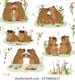 capybaras in love, together happy, they laugh, kiss, eat together.Cartoon style