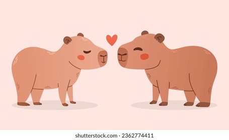 Capibaras enamoradas. Ilustración vectorial de dos capibaras con corazón en rosa. Imprimir para tarjeta, diseño de camisetas, afiche.