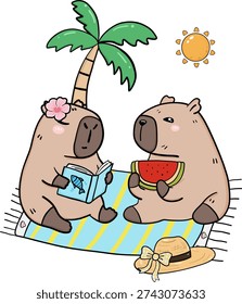 Capybaras Reading with Eating illustration for decorative element, website, sticker, application, etc. Summer and Island Escape hand drawn style