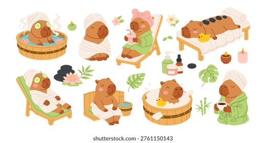 Capybaras relax in a spa setting. Flowers and leafy plants surround the scene. Each animal enjoys a different spa treatment. They appear calm and content. This image is perfect for wellness content