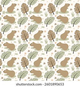 Capybaras seamless pattern cute animals and tropical leaves.