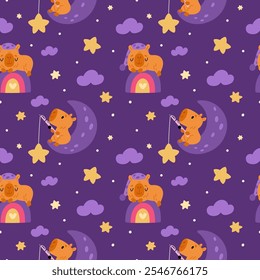 Capybaras seamless pattern. Cute funny animals. Good night elements. Repeated print. Exotic biggest cartoon rodents fishing from crescent. Capy sleeping on rainbow