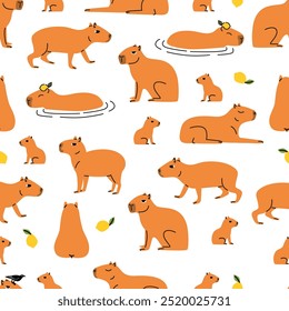 Capybaras seamless pattern. Cute capybaras walk and relax and swim. Animals on white background wallpaper. 