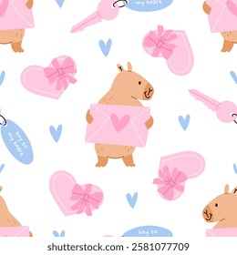 Capybaras seamless pattern. Valentines day background for fabric design, packaging. Flat vector illustration.