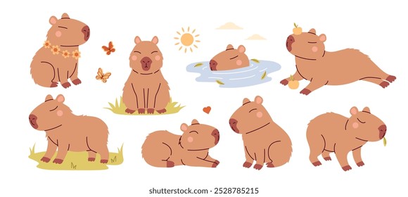 Capybaras set. Cute animals collection. Kawai characters 