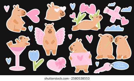 Capybaras sticker set. Collection of Valentines day cute illustrations. Flat vector illustration isolated on white background.