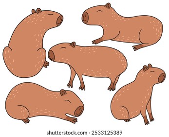 Conjunto de Vector Capybaras. Diferentes caracteres de capibara establecidos