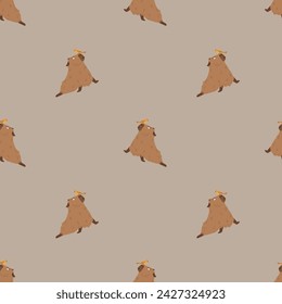 Vektor-Muster mit lustigen Capybara und gelben Vogel auf braunem Hintergrund. Druckdesign für Textil, Stoff, Tapeten, Verpackung, Bekleidung.