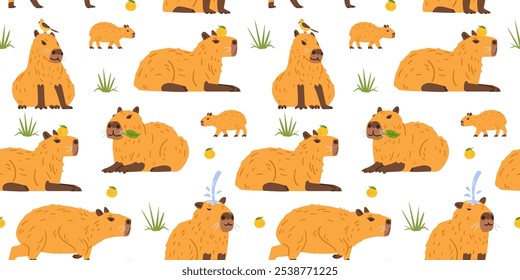 Capybaras vector seamless pattern on white background. 