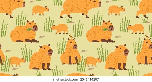 Capybaras walking, sitting, eating vector seamless pattern. 